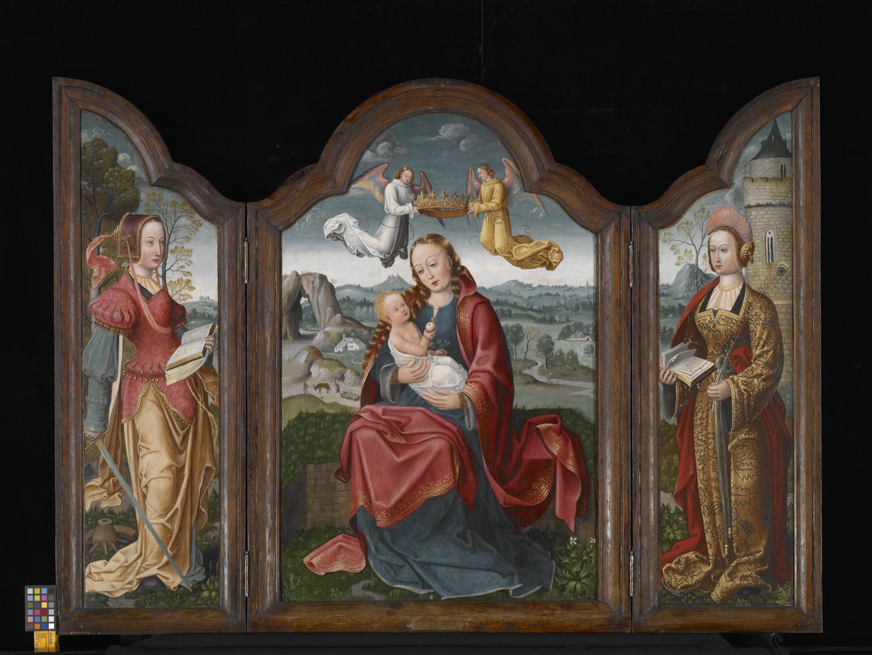 Triptych S Pannou a Dítětem, Svatou Barborou a Svatou Kateřinou (olej na dřevě) od Flemish School