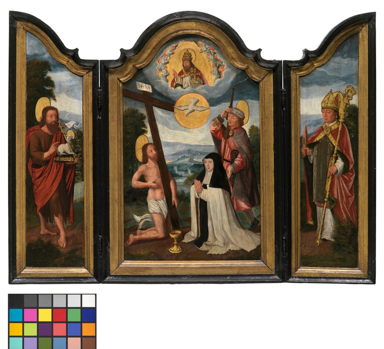 Triptych s Nejsvětější Trojicí, nemocniční sestrou a patronkou (olej na panelu) od Flemish School