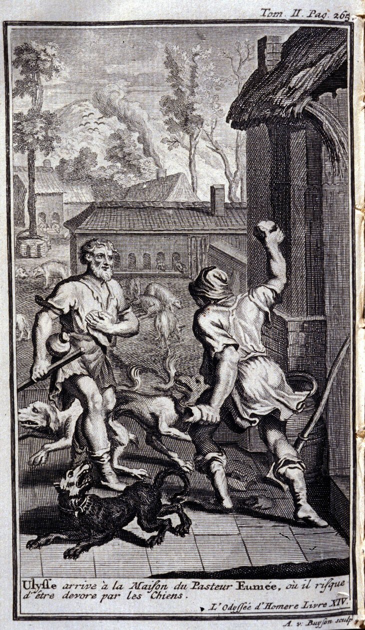 Ulysses dorazí do domu pastora Eumeeho, nebo ho mohou oddat psi. Ilustrace ke knize XIV de l