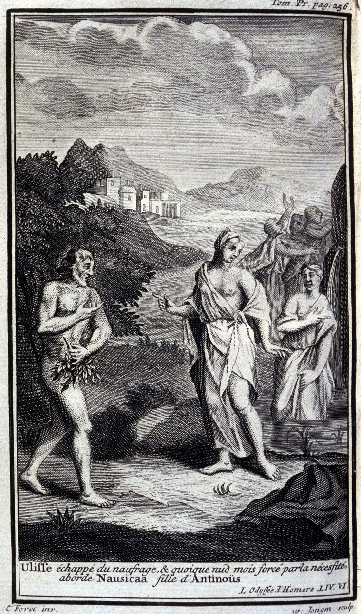 Ulysses uteče z vraku lodi a ačkoli nahý, ale z nutnosti se přiblíží Nausicaa, dcera Antinoose (Antinoos). Ilustrace ke knize VI Odyssea z Homere, v Odyssee, vydané v Amsterdamu v roce 1731, Milán. od Flemish School