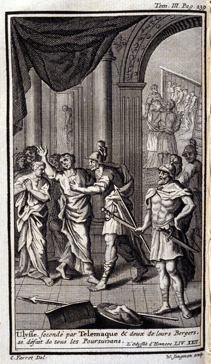 Ulysses druhý od Telemaque a dva jejich pastýři rozpustili všechny pronásledovatele. Lustrace pro XXII knihu Odyssea z Homera, v Odyssee, vydané v Amsterdamu v roce 1731, Collection privee Milan. od Flemish School