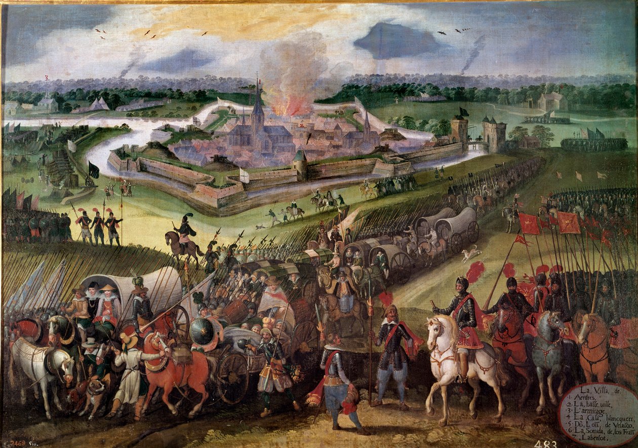 Válka proti Nizozemsku: “” Pohled na město Ardres””: Město se roku 1596 zmocnil arcivévoda Albert Rakouský. Obraz Vlámské školy 17. století. Real Monasterio de El Escorial, El Escorial, Španělsko - Válka proti Nizozemsku: Pohled na od Flemish School