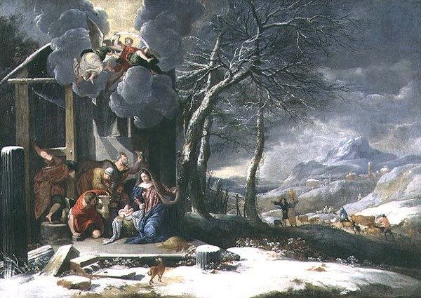Zimní krajina s narozením (olej na plátně) od Flemish School