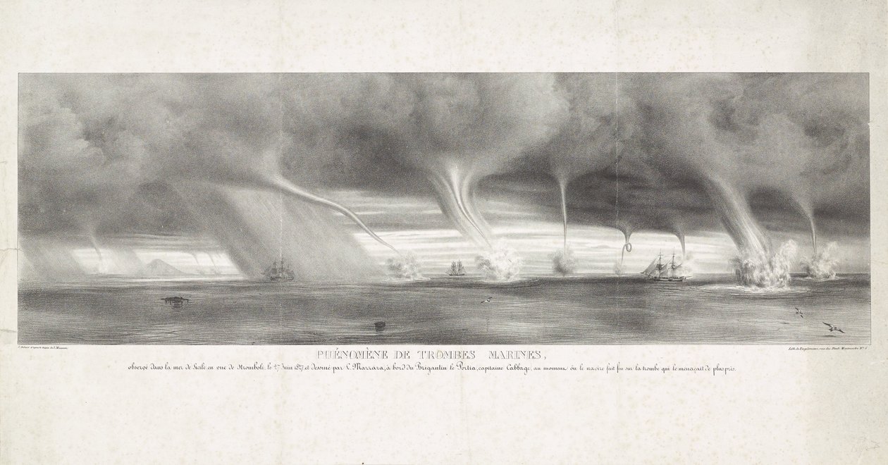 Waterhozen op zee bij Sicílie, 1827 Fenomén vodních chrličů, pozorovaný v moři Sicílie, na dohled Stromboli, 27. června 1827 (název na předmětu) od Félix Achille Beaupoil Saint Aulaire