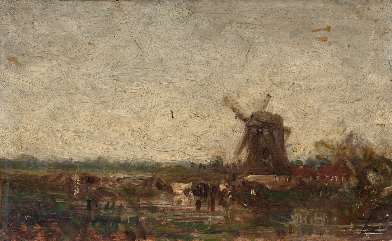 Holandsko, mlýn, asi 1853 (olej na papíře na plátně) od Félix Ziem