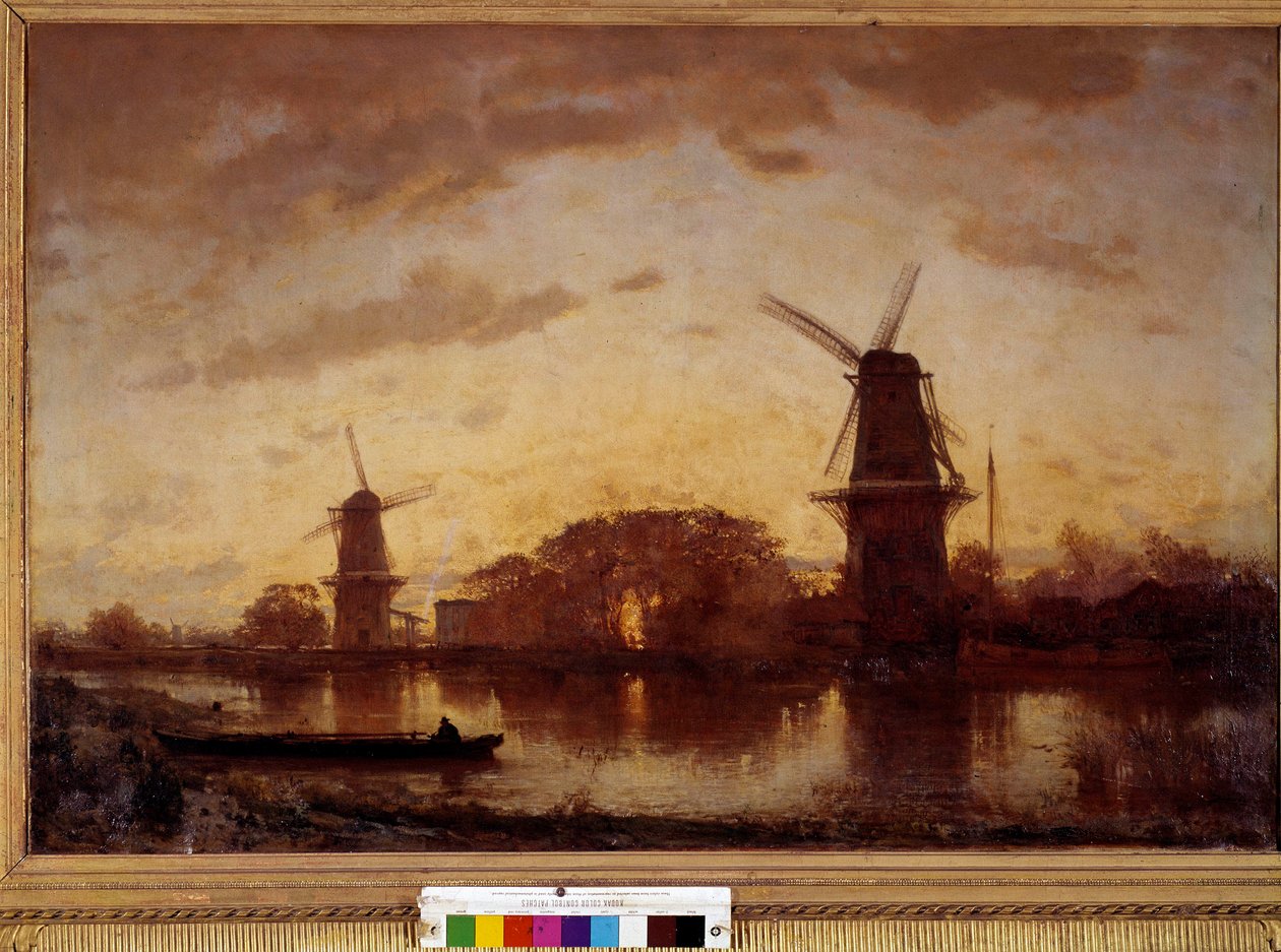 Břehy řeky Amstel s mlýny v Nizozemsku. Obraz Felixe Ziema (1821-1911). 1852. Slunce 1,01 X 1,50 m. Bordeaux, Muzeum výtvarných umění od Félix Ziem