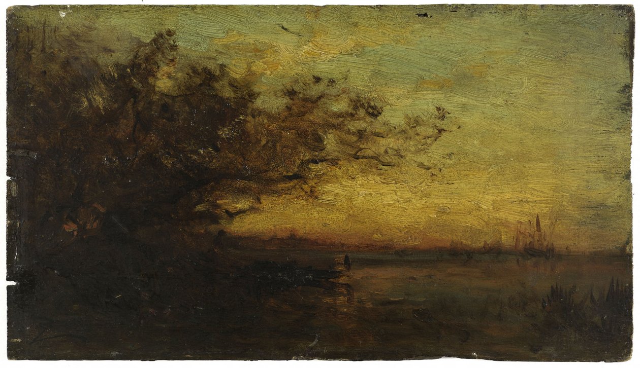 Voda, zapadající slunce. Na zadní straně: Dvě studie, mezi lety 1850 a 1860 (olej na dřevě) od Félix Ziem