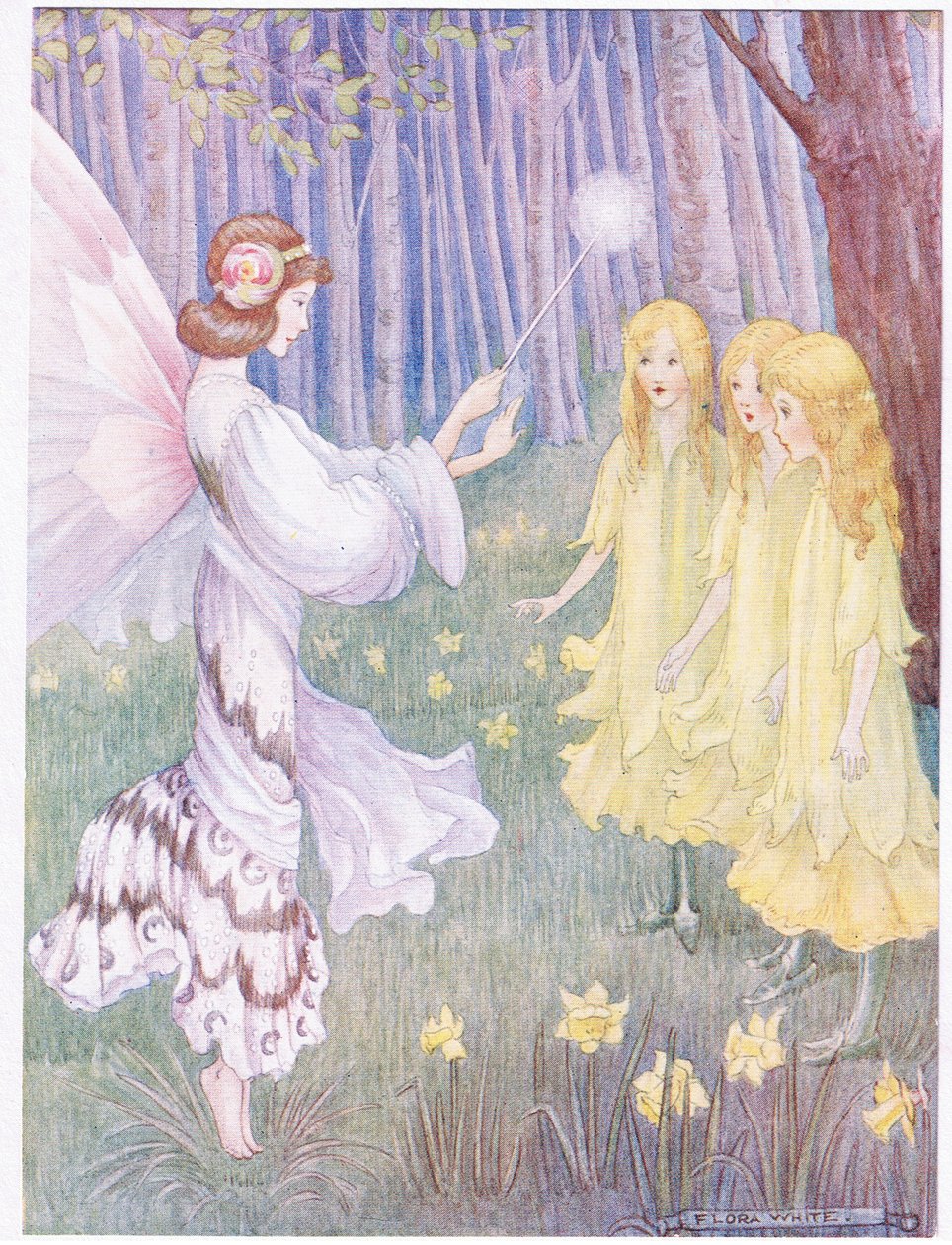 Na místech narcisů stály tři vysoké krásné dívky (barevná litografie). od Flora White