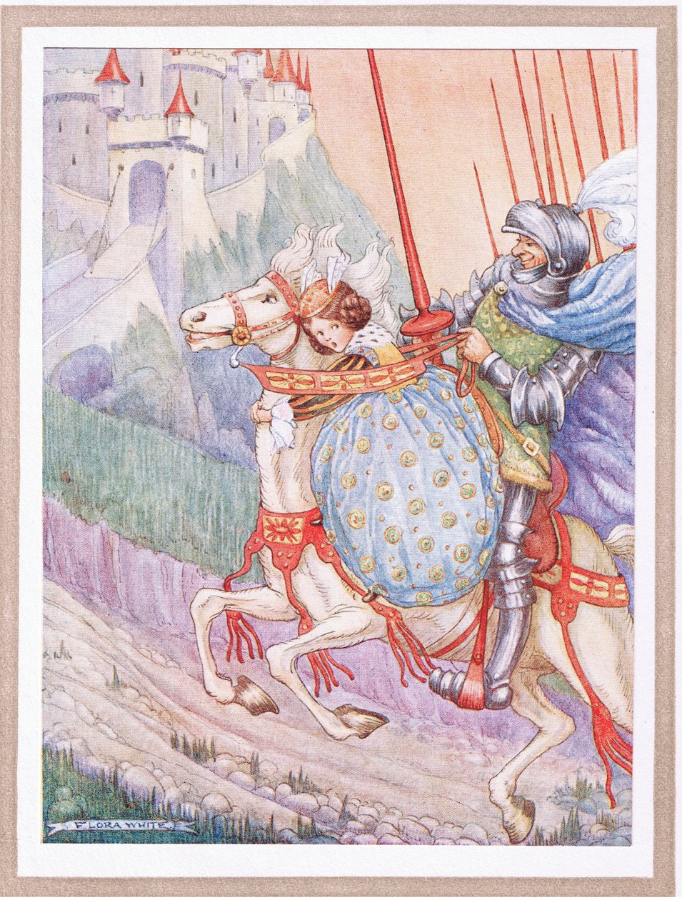 Kapitán odcválal na hrad na vrcholu kopce (barevná litografie). od Flora White