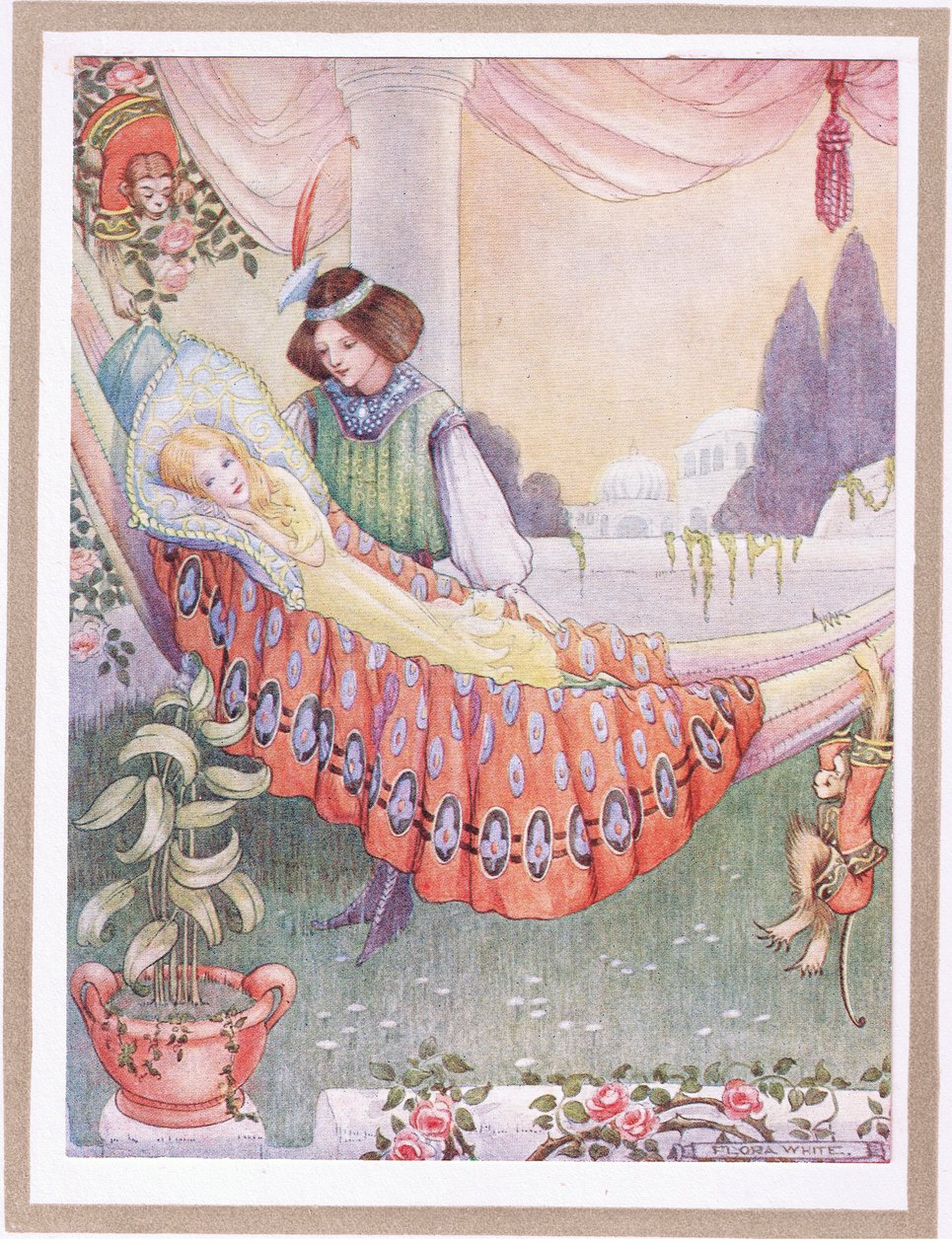 Princezna uložila dívky do houpacích sítí (barevná litografie) od Flora White