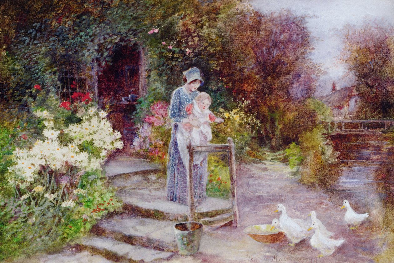 Žena a dítě v zahradě chaty od Florence Agnes Mackay