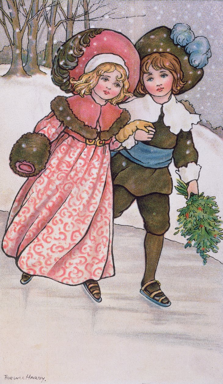 Dívka a chlapec bruslení, konec 19. nebo začátek 20. století od Florence Hardy