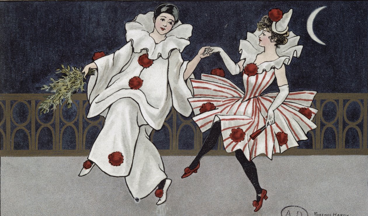 Pohlednice zobrazující Pierrota a jeho společníka, kolem roku 1900 od Florence Hardy
