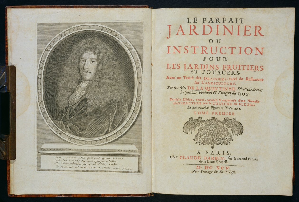 Titulní list a portrétní frontispice autora, z Le Parfait Jardinier, ou Instruction pour les Jardins Fruitiers et Potager, od Jean de la Quintinye, vydáno 1695 od Florent Richard de Lamarre