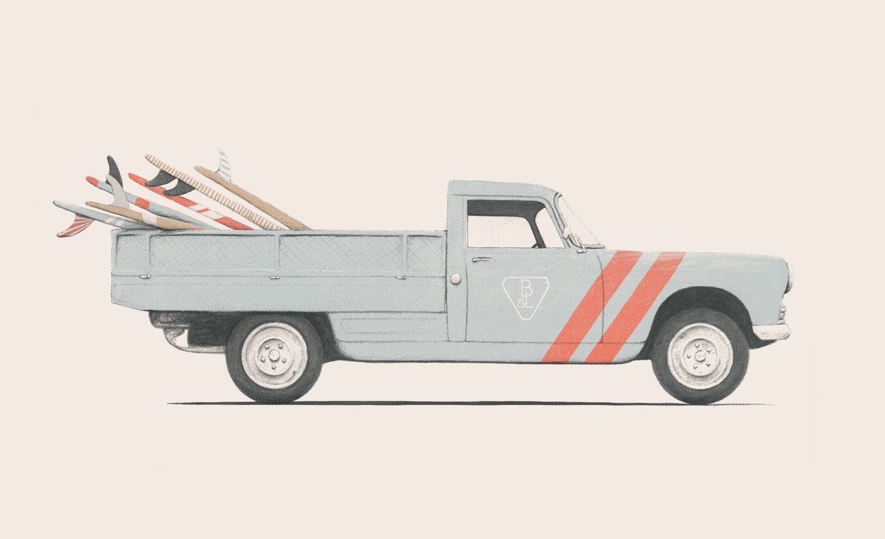 Pickup se surfy, 2019 (tužka, digitální) od Florent Bodart