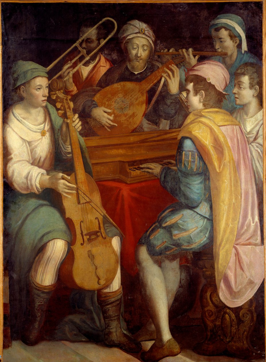 Koncertní loutna hudebníci, epinette, trombon a viola de gamba. Anonymní obraz florentské školy 1550-1600. Slunce 1,8x1,3m od Florentine School