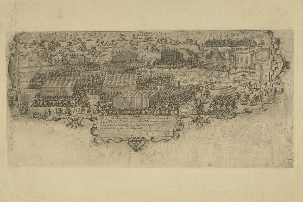 Bitva u Leffingedijku mezi vojsky států Ernsta Kazimíra z Nassau a Španěly Albrechta Rakouského, 1600 od Floris Balthasarsz. van Berckenrode
