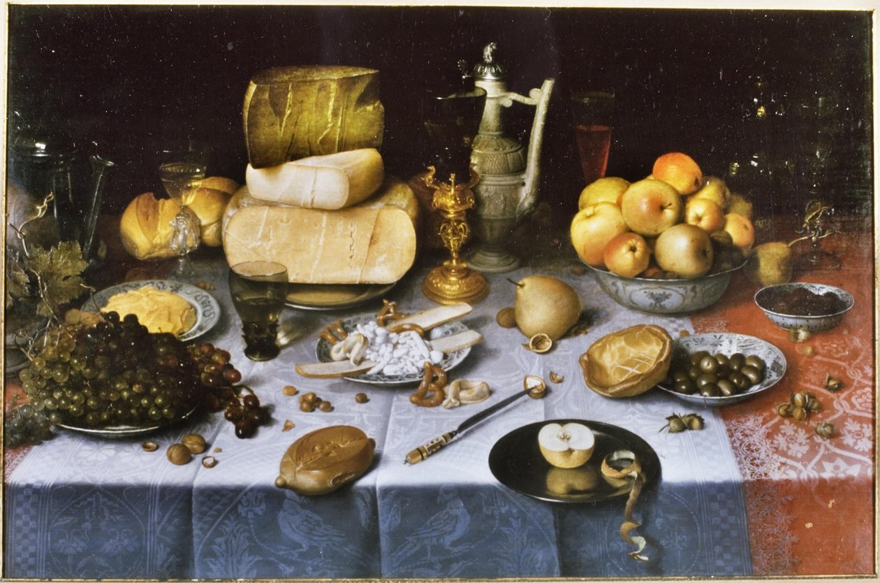 Nizozemština: Zátiší s ovocem, sýrem, chlebem a vínem Prostřený stůl se sýrem a ovocem od Floris van Dyck