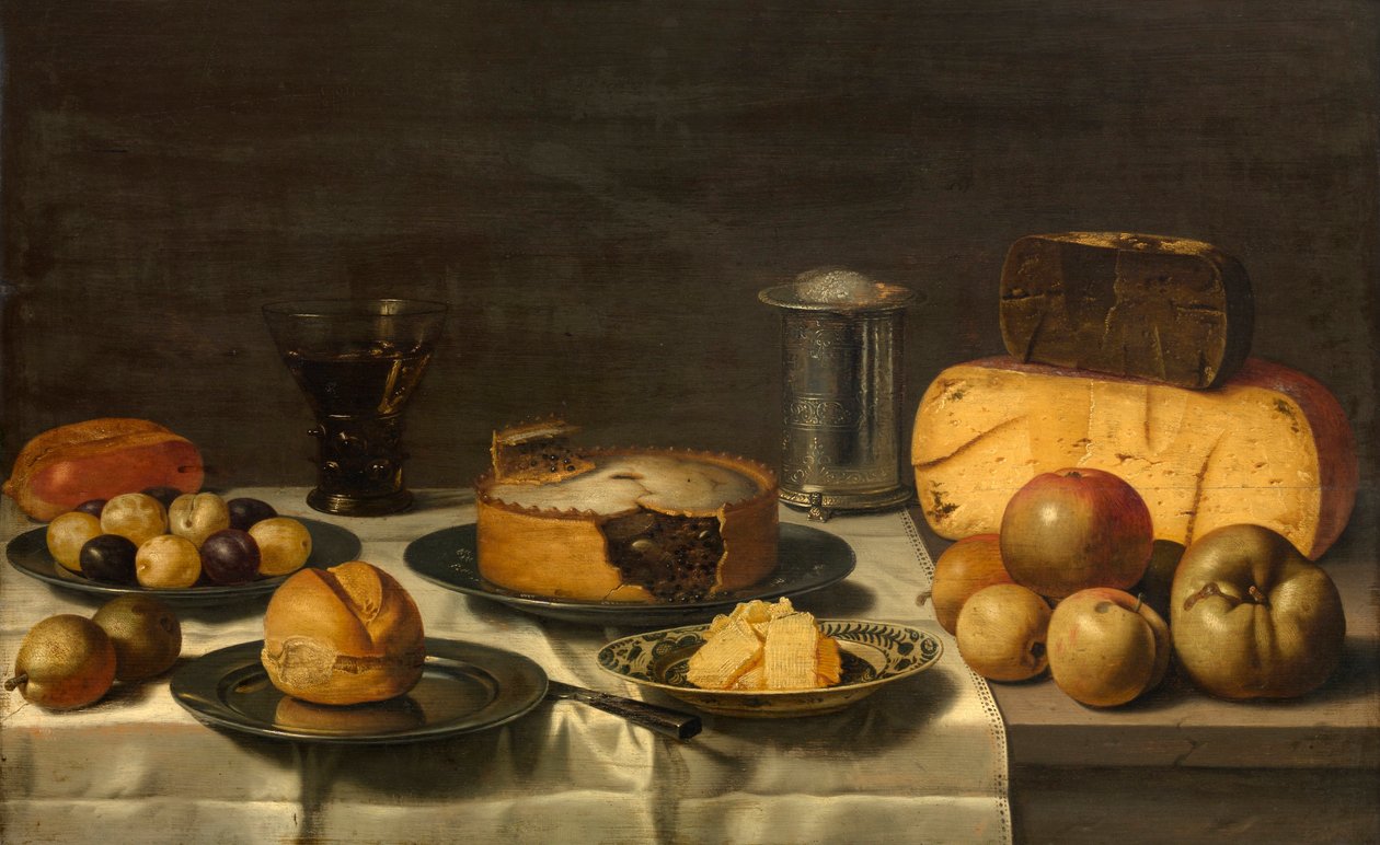 ""Petit dejeuner (petit-dejeuner) hollandais"" (nizozemská snídaně) Zátiší se sýrem, koláčem, ovocem, chlebem Obraz Florise van Schooten (kolem 1590-po 1655), - Olej na dřevě Rozměr 50x82 cm Royal Museum of Fine Umění, Antverpy od Floris Gerritsz van Schooten
