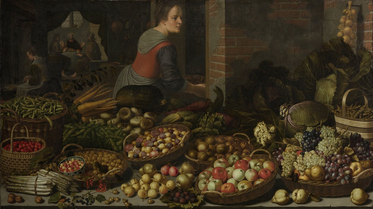 Zátiší s ovocem a zeleninou, s Kristem v Emauzích v pozadí, c. 1630 od Floris Gerritsz van Schooten