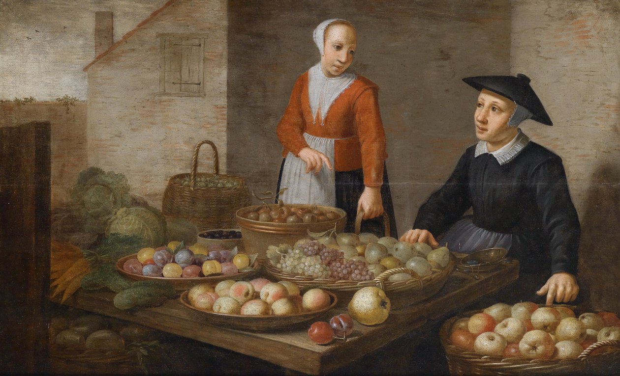 Trhová scéna se dvěma ženami prodávajícími ovoce a zeleninu od Follower of Floris van Schooten