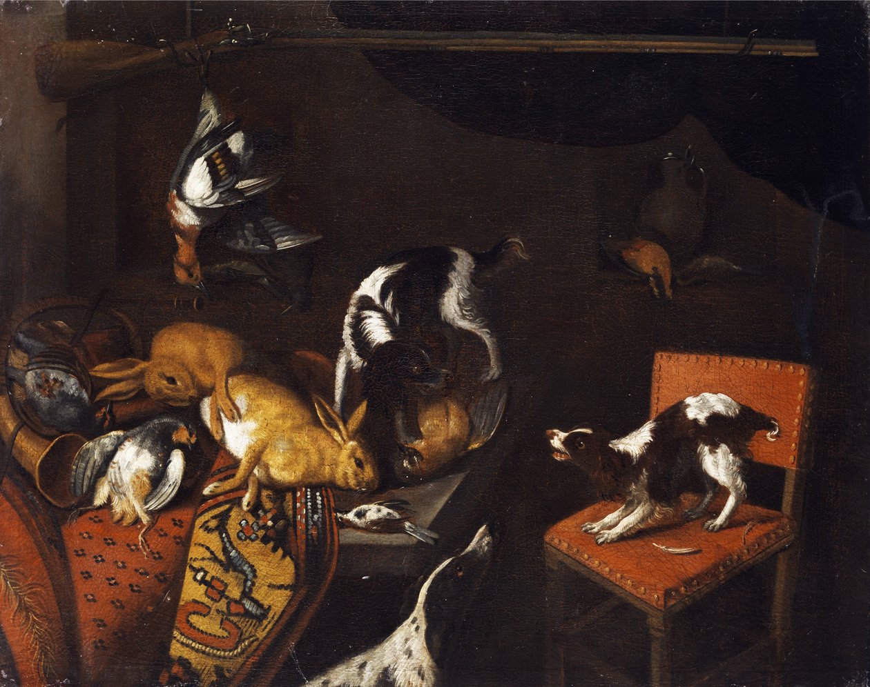 Zátiší s mrtvými zajíci a ptáky, křeslo, psi, lovecká zbraň od Follower of Frans Snyders