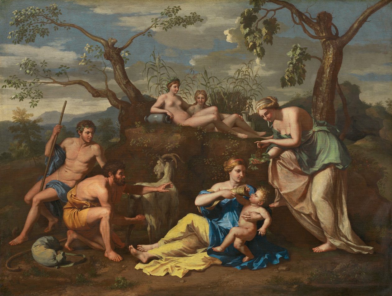 Nymfy krmící dítě Jupiter od Follower of Nicolas Poussin