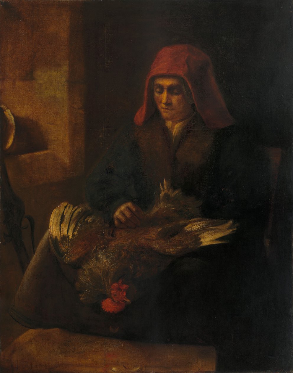 Stará žena škubání slepice od Follower of Rembrandt van Rijn