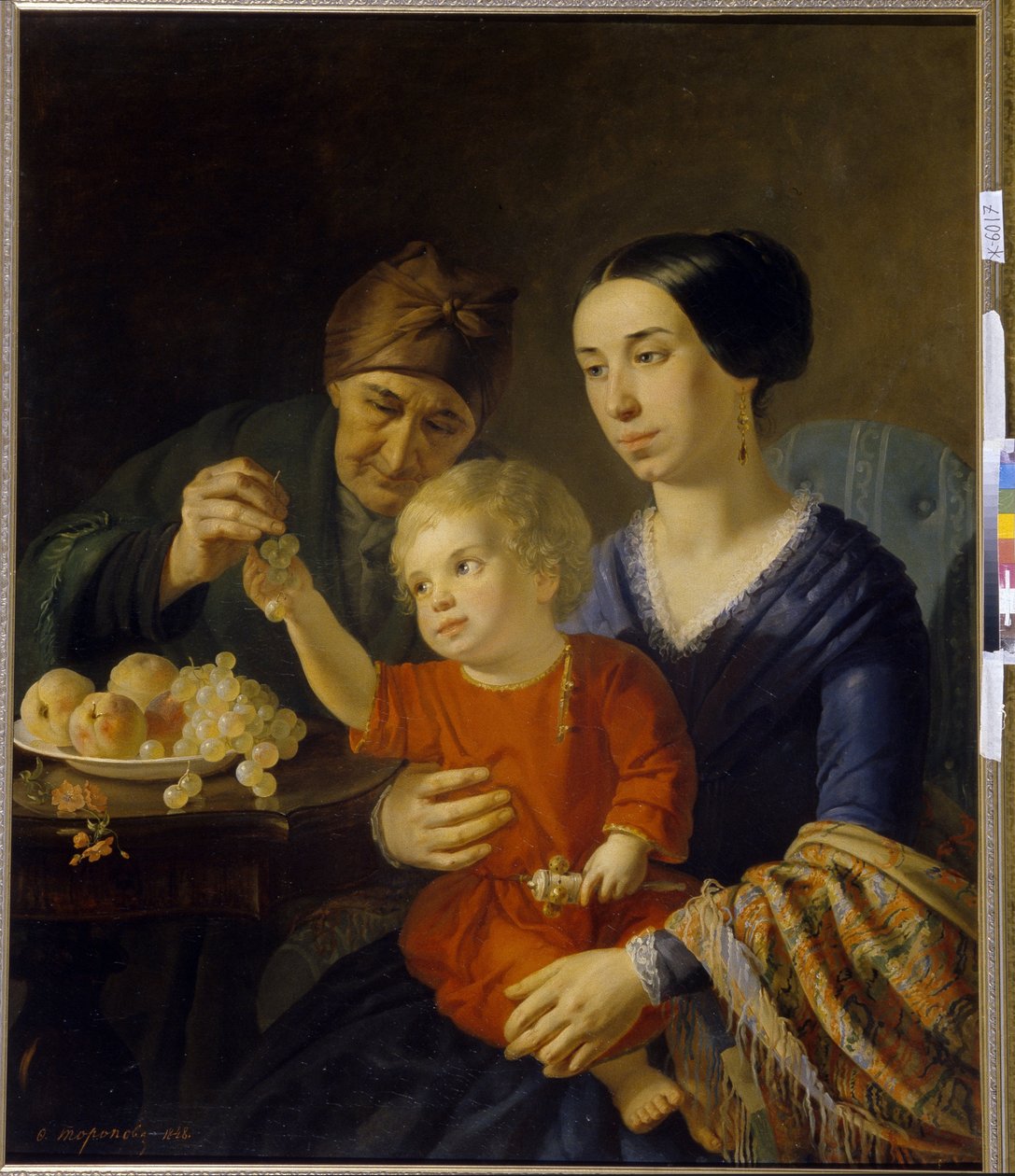 Rodinný portrét. Dítě držící chrastítko na klíně své matky dostává od babičky hrozny. Obraz Foma Gavrilovič Toropov (1821-1898), olej na plátně od Foma Gavrilovich Toropov