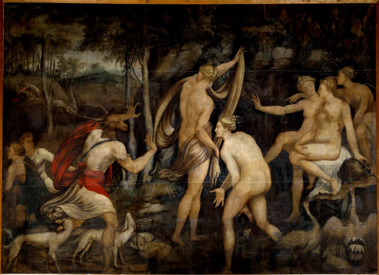 Diane (Artemis), bohyně lovu, a Acteon, lovec Obraz školy ve Fontainebleau (16. století). Rozměr 2,65 x 3,67 m od Fontainebleau School
