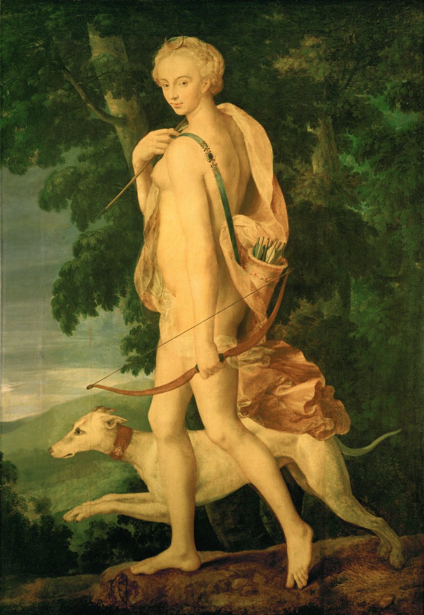 Diane chasseresse - Diana loví. Diana je Diana z Poitiers. Obraz byl inspirován bronzem od Primaticcia ... od Fontainebleau School