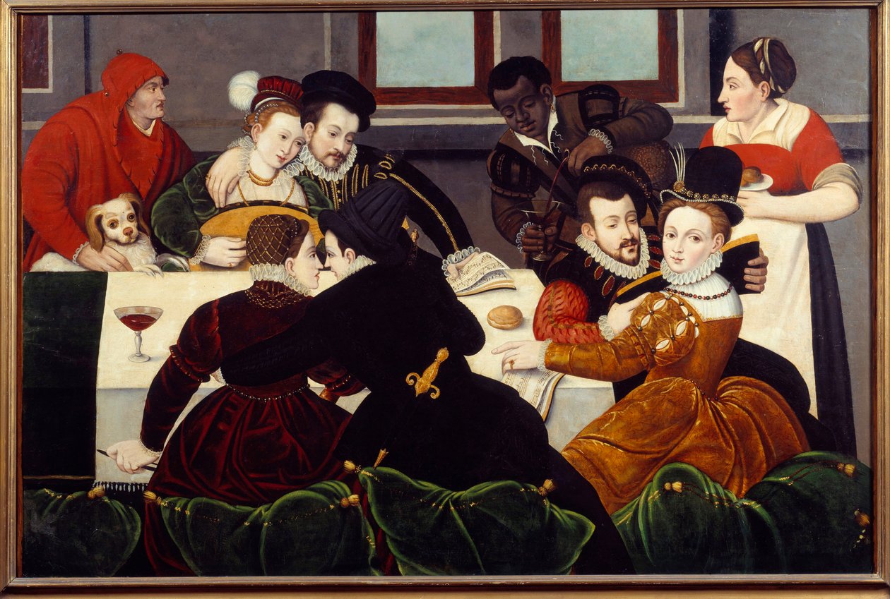 Galantní jídlo Couples Enlaces, služebník černé pleti. Malba školy ve Fontainebleau. 16. století Aix en Provence, Musee Granet od Fontainebleau School