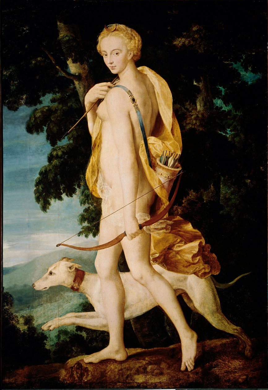 Bohyni s lukem doprovází pes. Malba školy ve Fontainebleau. Slunce 16. století. 1,91 x 1,32 m Paříž, Musee du Louvre od Fontainebleau School
