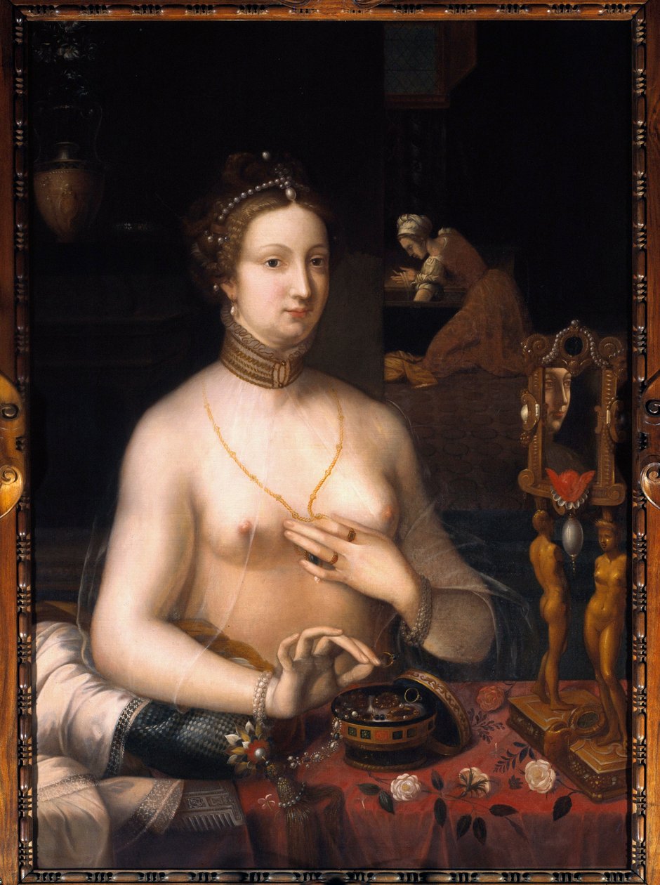 Ta paní má svůj záchodový obraz ze školy ve Fontainebleau. Kolem 1560. Rozm. 1,05 x 0,76 m. Dijon, Muzeum výtvarných umění od Fontainebleau School