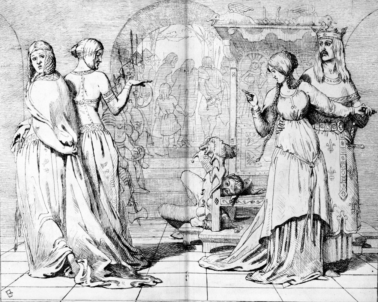 Kordélie odvedená od Goneril a Regana, ilustrace z knihy "The Germ", 1850 od Ford Madox Brown