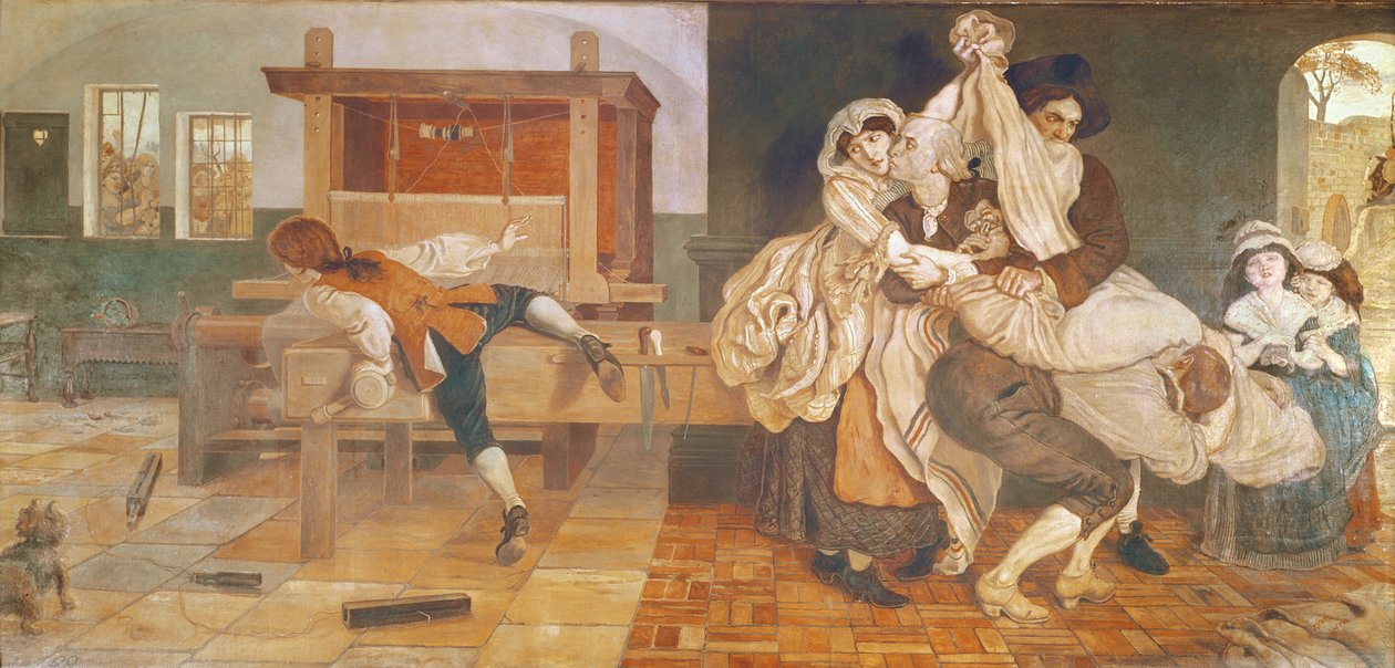 John Kay, vynálezce létajícího raketoplánu (nástěnná malba) od Ford Madox Brown