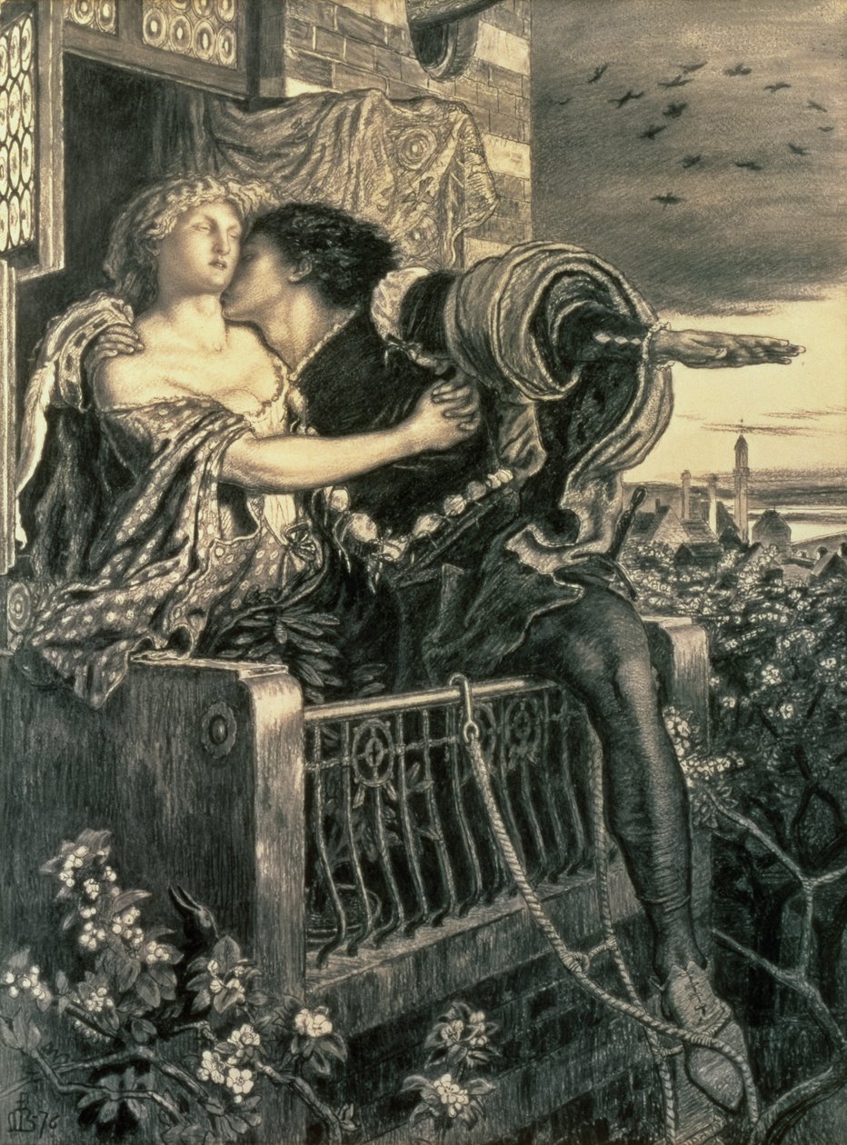 Romeo a Julie, 1876 (pero a inkoust a černá křída) od Ford Madox Brown
