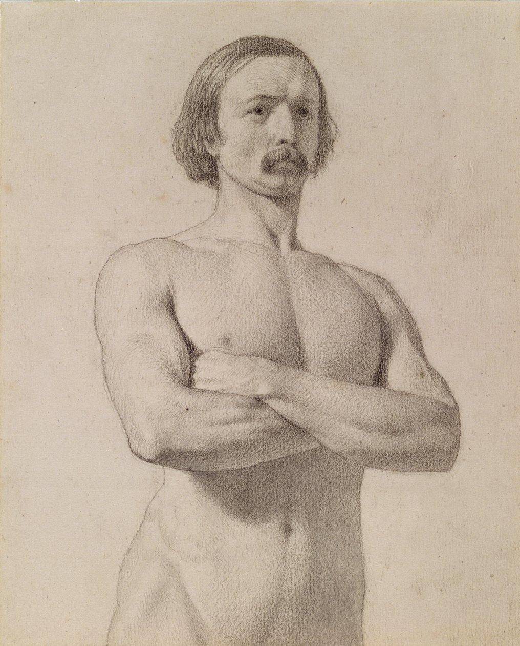 Akademická nahá studie, poloviční délka s knírem a založenýma rukama, 1849 od Ford Madox Brown