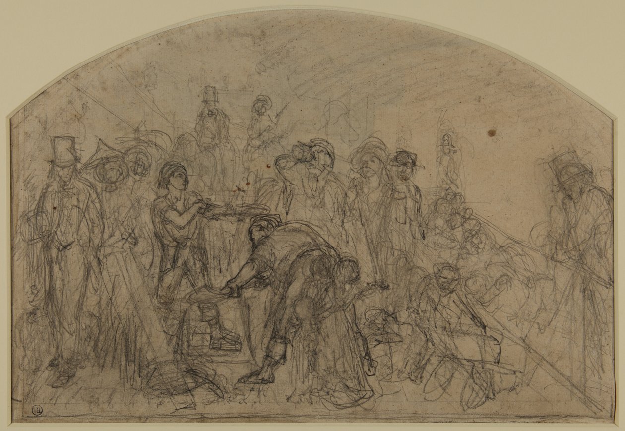 První hrubý náčrt „práce“ (kompoziční náčrt figur) od Ford Madox Brown
