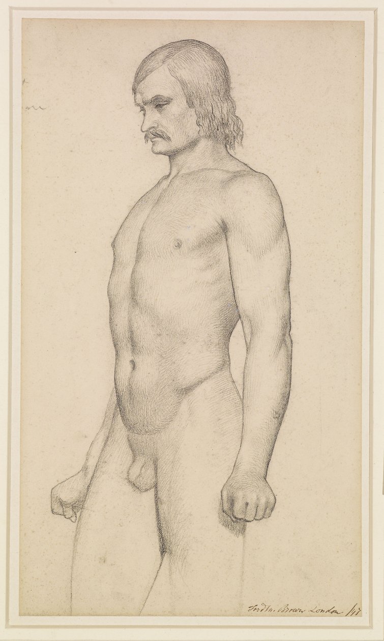 Mužský akt - akademická studie, tříčtvrteční akt, s knírem a zaťatými pěstmi od Ford Madox Brown