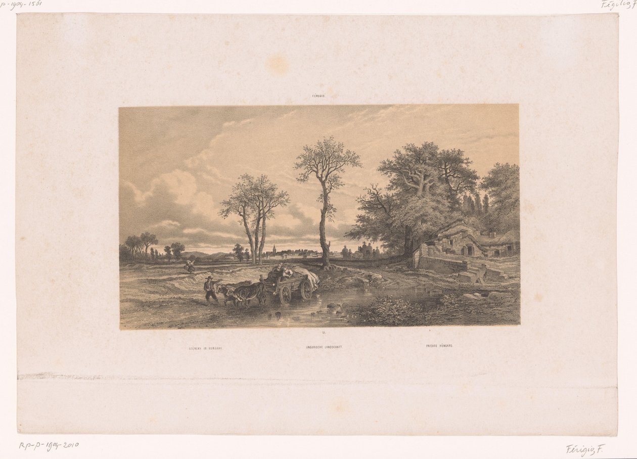 Farmářský vozík s voly v maďarské krajině Krajina v Maďarsku / Ungarische Landschaft / Paisage Húngaro (název na objektu) Postavy v krajině (název série) od Fortuné Ferogio