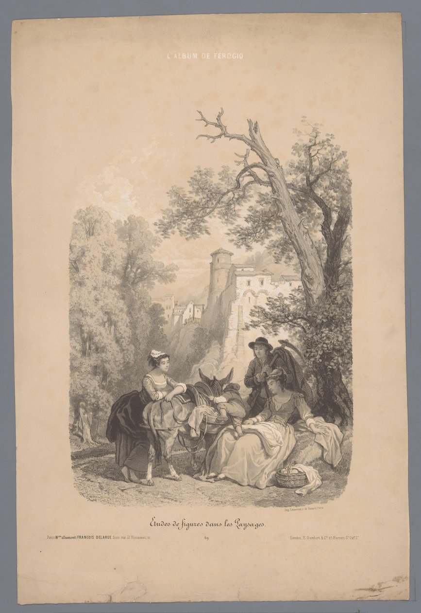 Společenstvo s oslem před italskou horskou vesnicí Studie postav v krajině (název série) Album Ferogio. Etudes de Figures dans les Paysages (název série na objektu) od Fortuné Ferogio