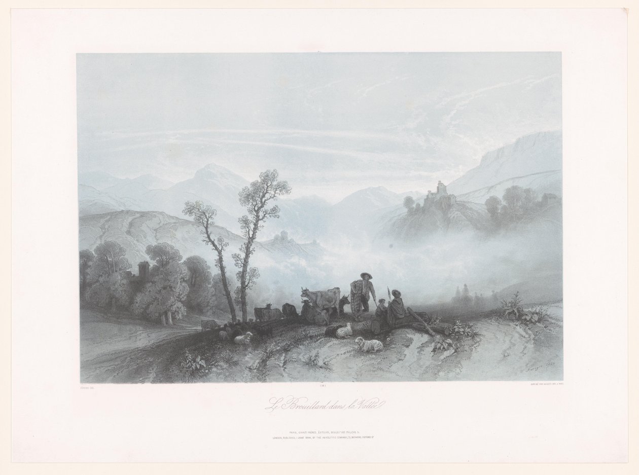 Pastýři s kravami a ovcemi v mlžném údolí Le Brouillard dans la Vallée (název na objektu) od Fortuné Ferogio