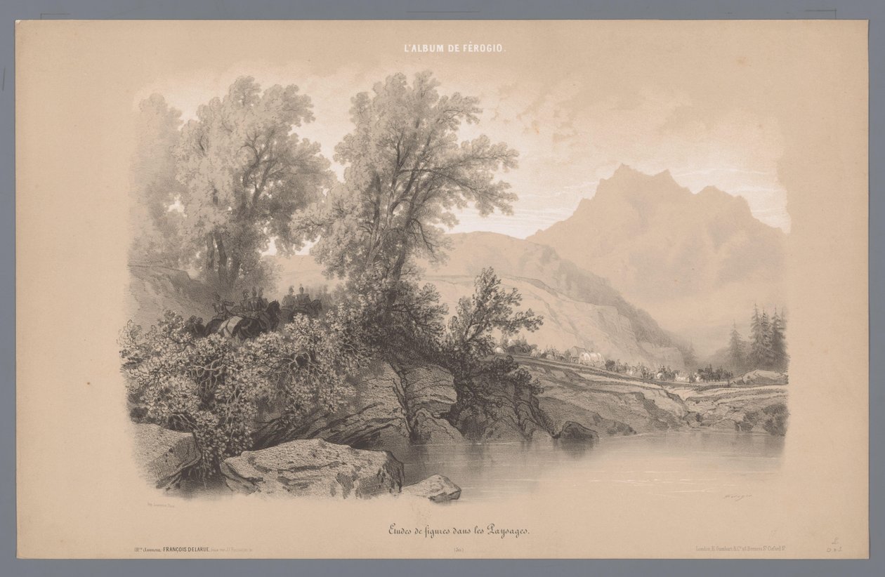 Vojenský průvod se pohybuje horskou krajinou Studie postav v krajině (název série) Album Ferogio. Etudes de Figures dans les Paysages (název série na objektu) od Fortuné Ferogio