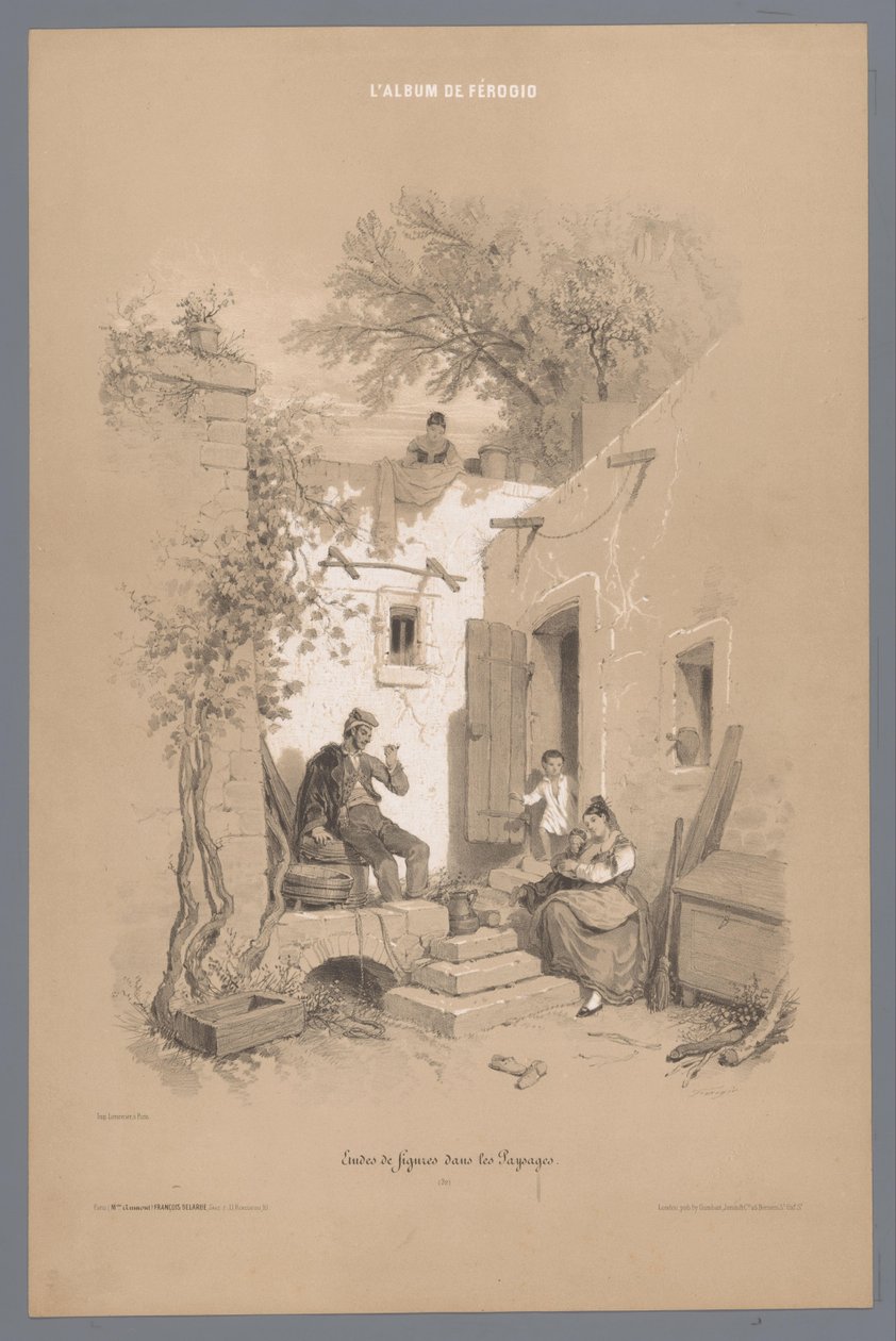 Rodiče s dětmi v jejich vesnickém domě Studie postav v krajině (název série) Album Ferogio. Etudes de Figures dans les Paysages (název série na objektu) od Fortuné Ferogio