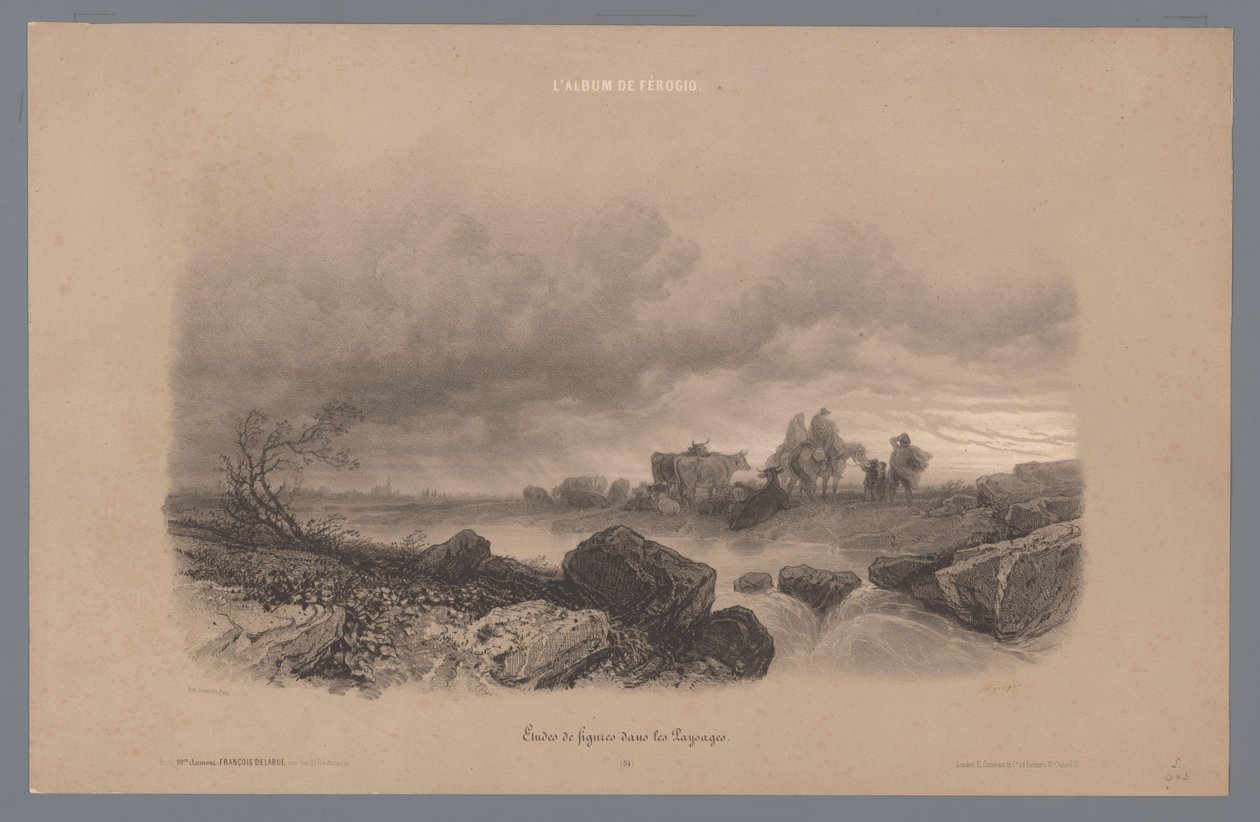 Cestovatelé a krávy po proudu v krajině Studie postav v krajině (název série) Album Ferogio. Etudes de Figures dans les Paysages (název série na objektu) od Fortuné Ferogio