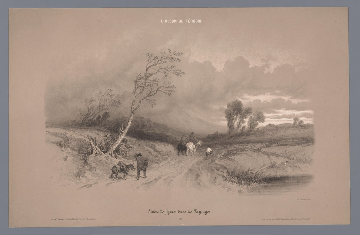 Cestující na venkovské silnici v bouřlivém počasí Studie postav v krajině (název série) Album Ferogio. Etudes de Figures dans les Paysages (název série na objektu) od Fortuné Ferogio
