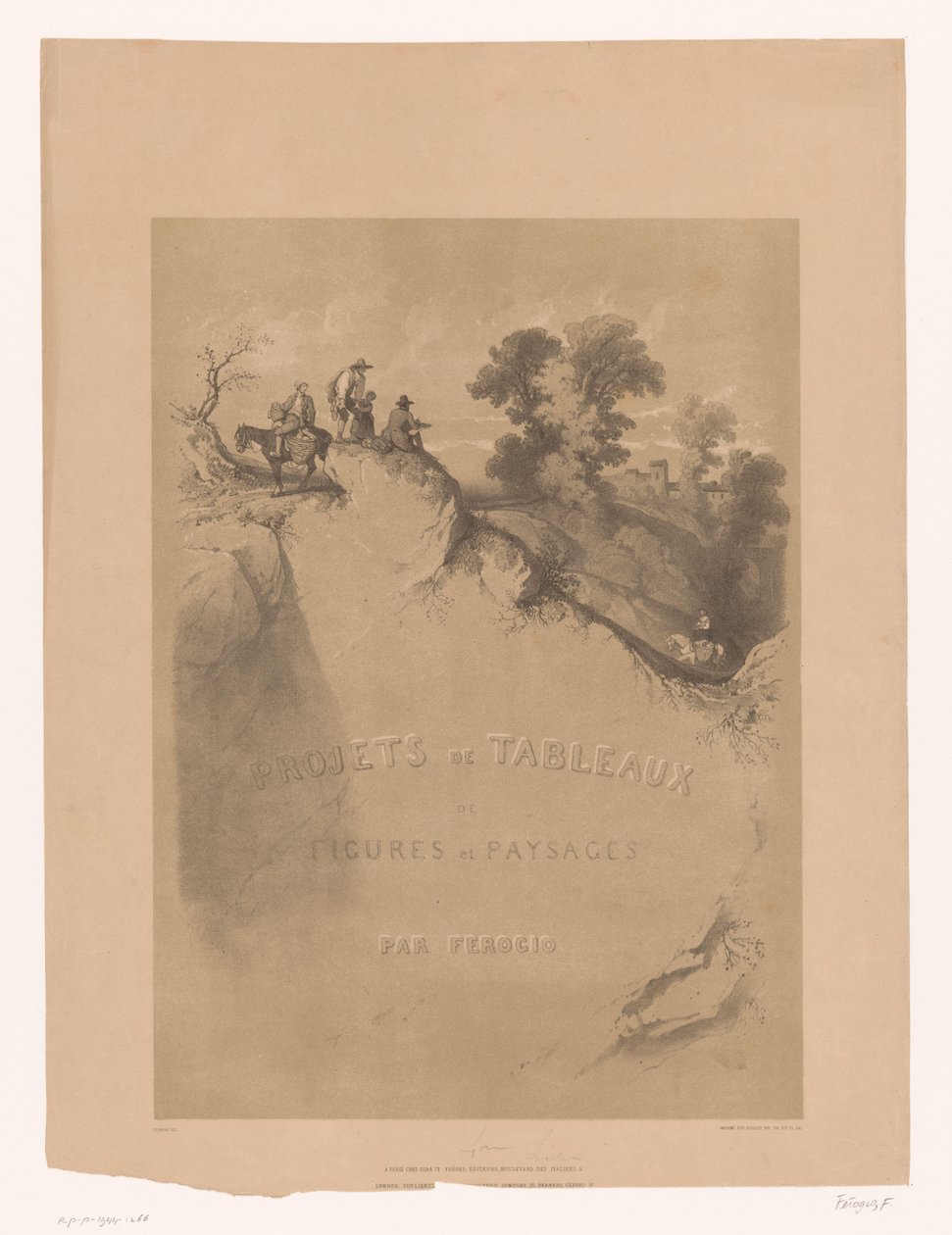 Titulní tisk se skalní krajinou a cestovateli podél soutěsky Krajinářské a figurální studie od Férogia (název série) Projets de tableaux de figure et paysages, par Férogio (název série na objektu) od Fortuné Ferogio