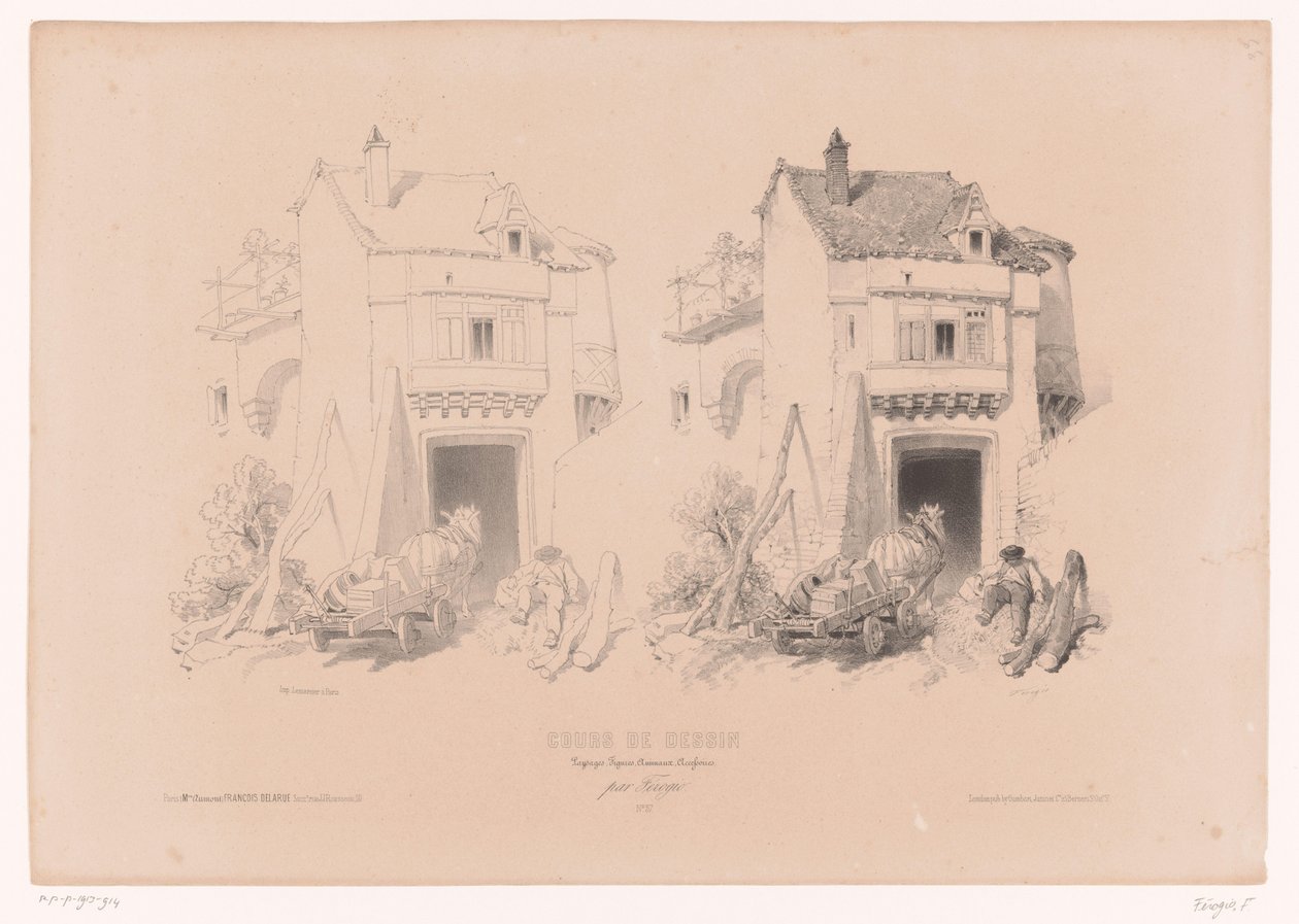 Řidič kamionu s koněm a kočárem odpočívá u brány Kurz kreslení se studiemi krajiny, zvířat a detailů (název série) Samozřejmě design. Paysages, figurky, animaux, doplňky, od Férogia (název série na objektu) od Fortuné Ferogio
