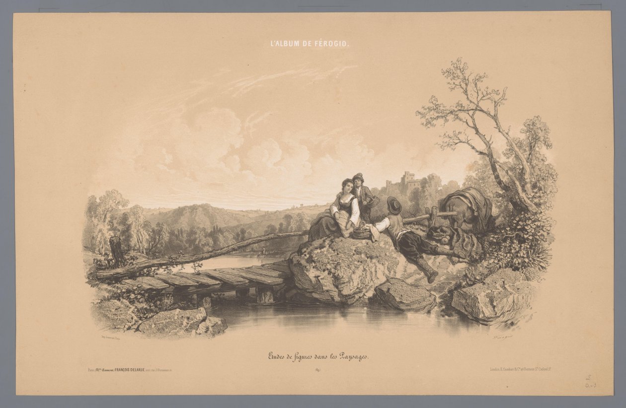 Žena se dvěma chlapci u jezera s hradem Studie postav v krajině (název série) Album Ferogio. Etudes de Figures dans les Paysages (název série na objektu) od Fortuné Ferogio